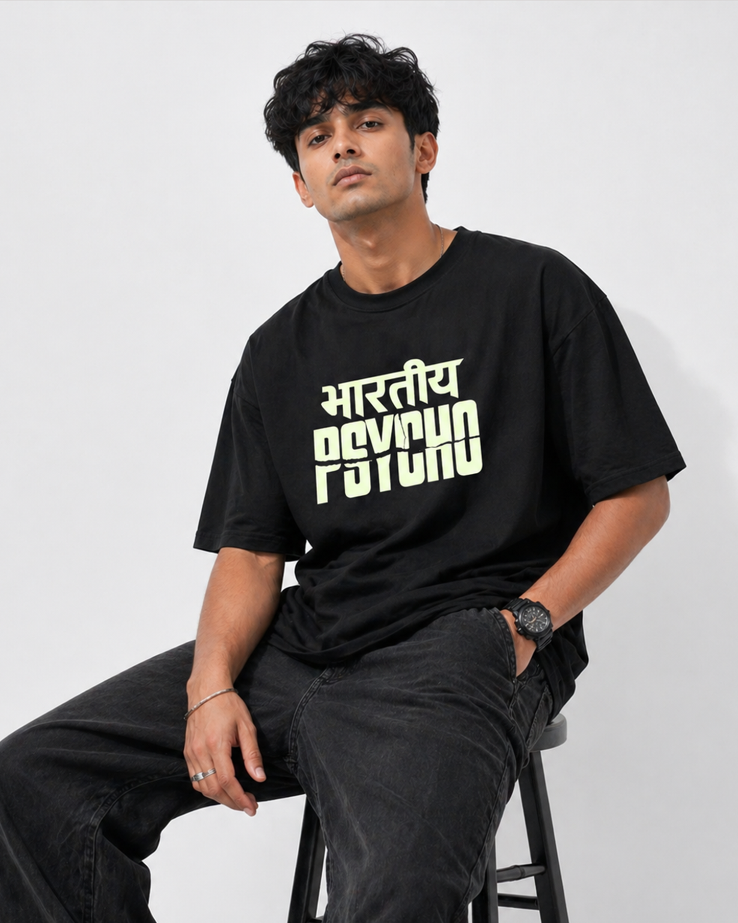 Bhartiya Psycho Oversized T Shirt for Men | Glow in Dark Graphic Printed Oversized T Shirt | Hindi Typography Boxy Fit Streetwear Tee