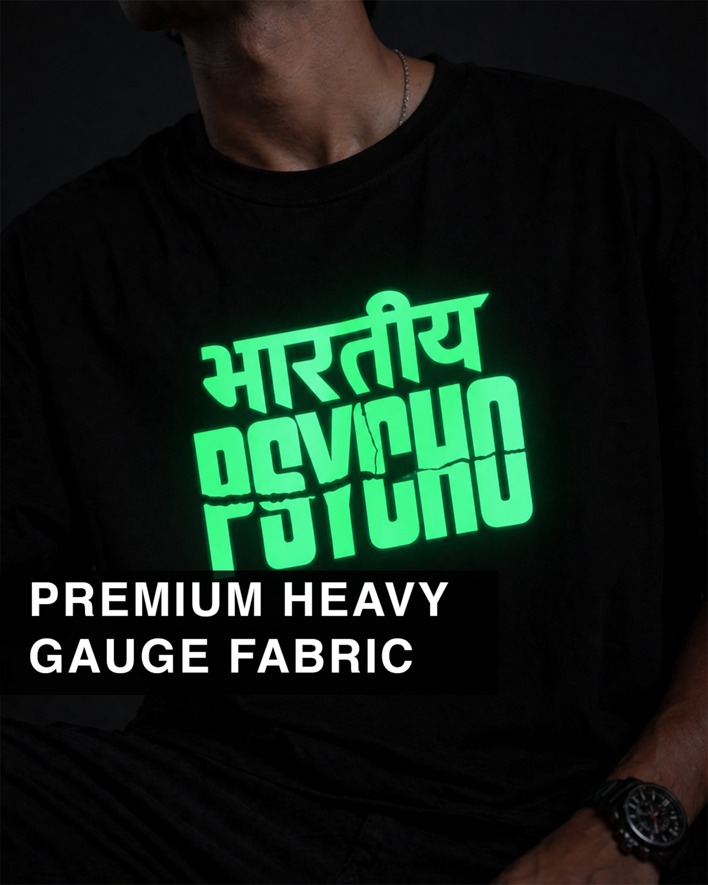 Bhartiya Psycho Oversized T Shirt for Men | Glow in Dark Graphic Printed Oversized T Shirt | Hindi Typography Boxy Fit Streetwear Tee