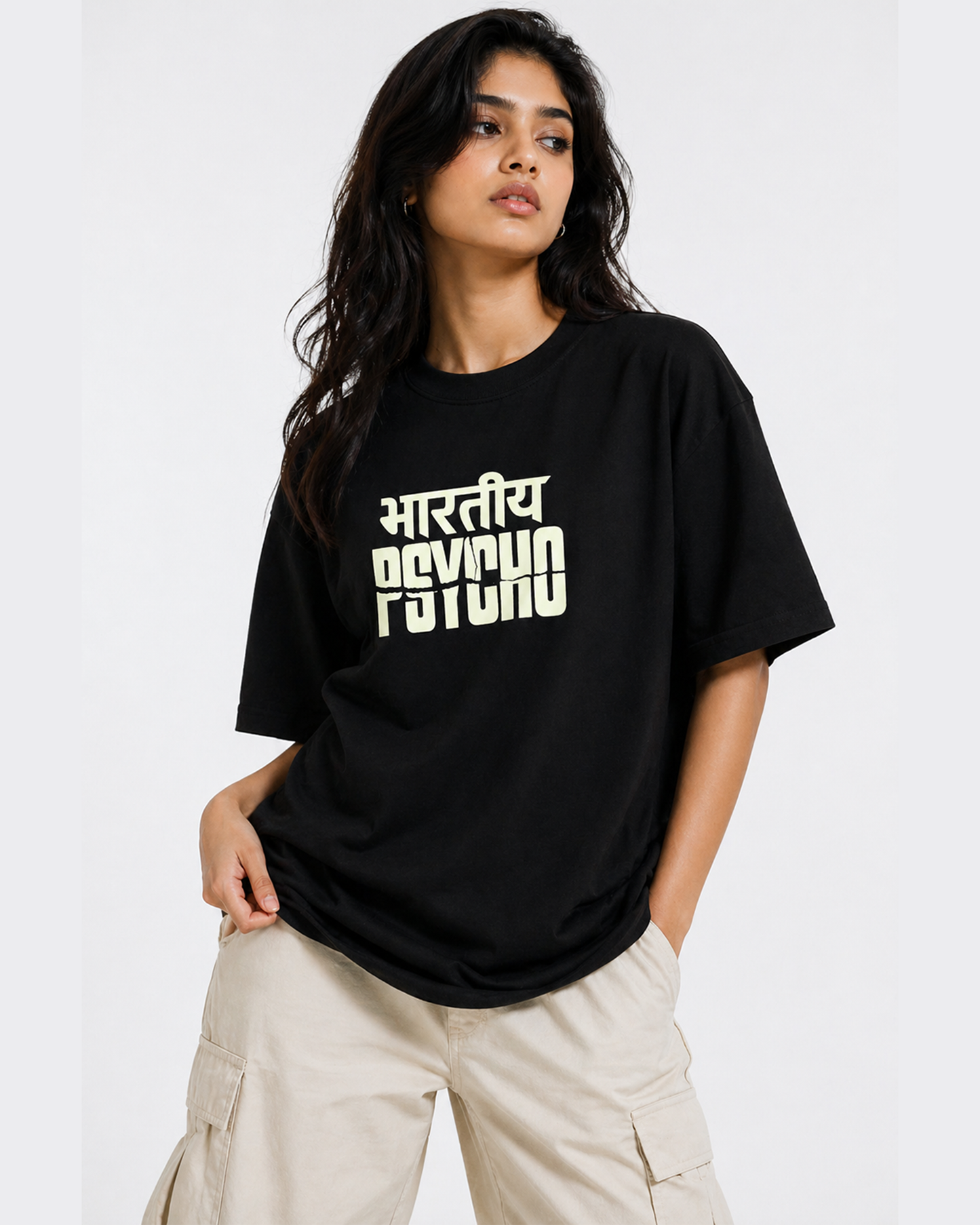 Bhartiya Psycho Oversized T Shirt for Women | Glow in Dark Graphic Printed Oversized T Shirt | Hindi Typography Boxy Fit Streetwear Tee