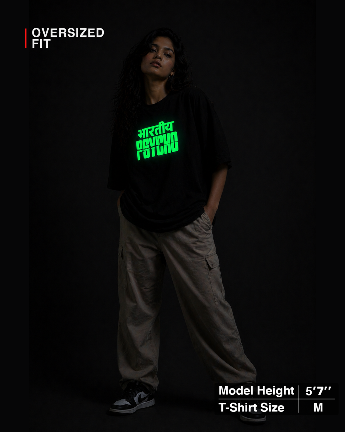 Bhartiya Psycho Oversized T Shirt for Women | Glow in Dark Graphic Printed Oversized T Shirt | Hindi Typography Boxy Fit Streetwear Tee