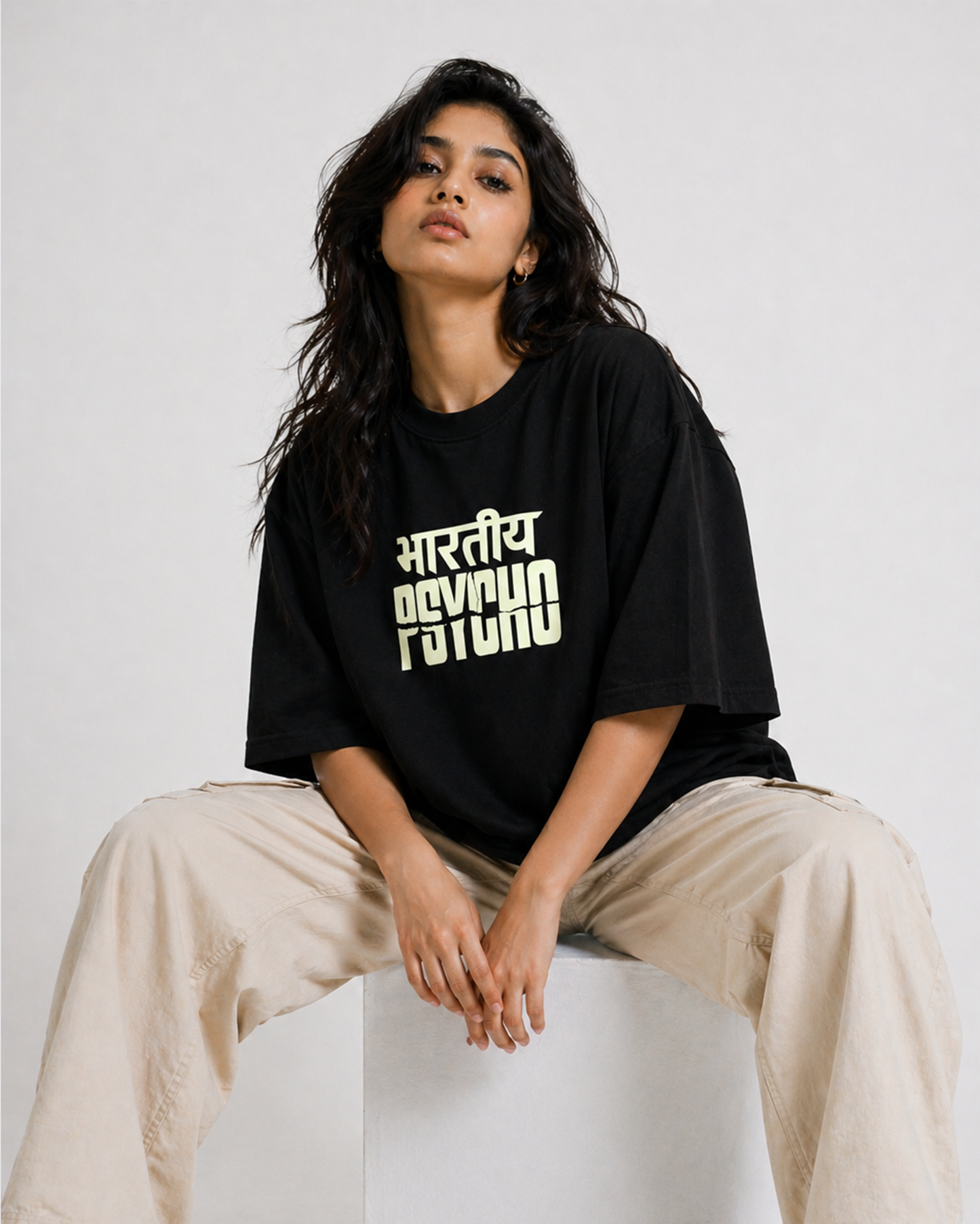 Bhartiya Psycho Oversized T Shirt for Women | Glow in Dark Graphic Printed Oversized T Shirt | Hindi Typography Boxy Fit Streetwear Tee
