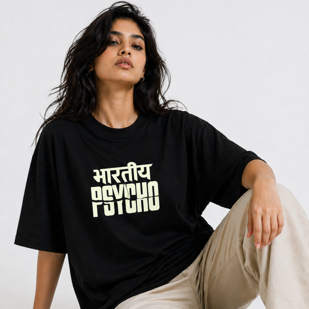 Bhartiya Psycho Oversized T Shirt for Women | Glow in Dark Graphic Printed Oversized T Shirt | Hindi Typography Boxy Fit Streetwear Tee