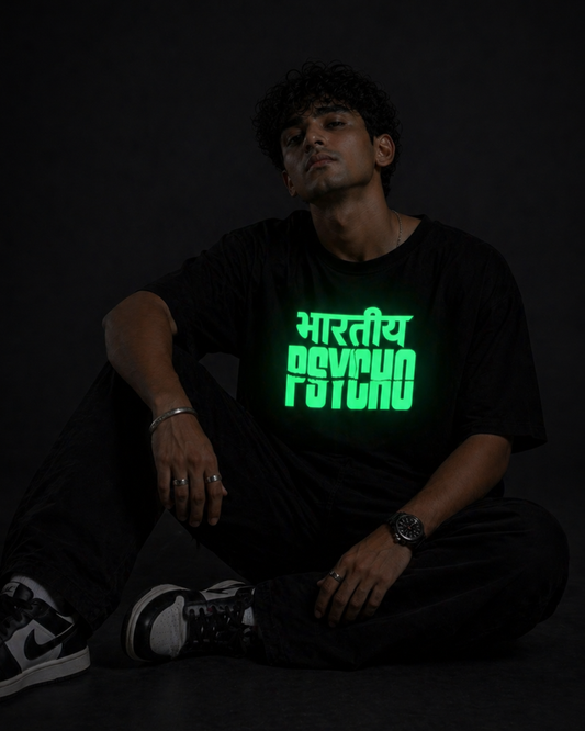 Bhartiya Psycho Oversized T Shirt for Men | Glow in Dark Graphic Printed Oversized T Shirt | Hindi Typography Boxy Fit Streetwear Tee