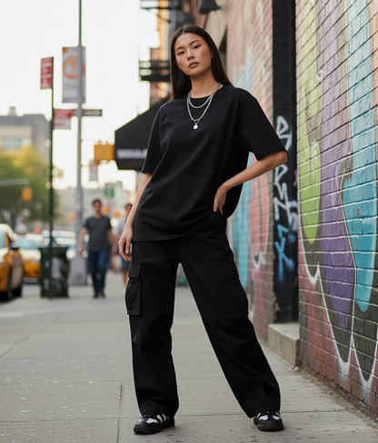Solid Black Oversized T-Shirt for Women | Pure Cotton Plain Streetwear Tee