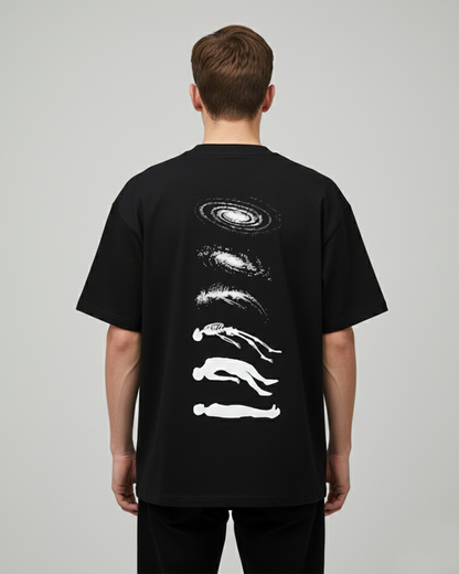 Cosmic Existence Graphic Black Oversized T-Shirt for Men | Abstract Art Streetwear Tee