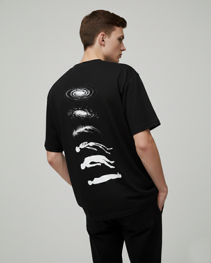 Cosmic Existence Graphic Black Oversized T-Shirt for Men | Abstract Art Streetwear Tee