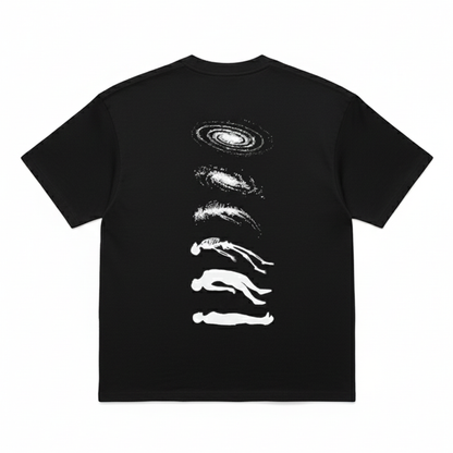 Cosmic Existence Graphic Black Oversized T-Shirt for Women | Abstract Art Streetwear Tee