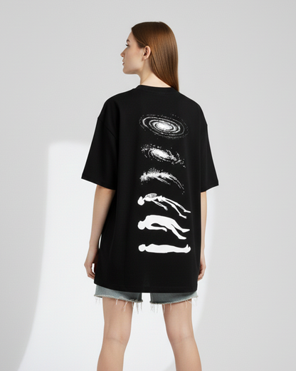 Cosmic Existence Graphic Black Oversized T-Shirt for Women | Abstract Art Streetwear Tee