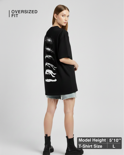 Cosmic Existence Graphic Black Oversized T-Shirt for Women | Abstract Art Streetwear Tee