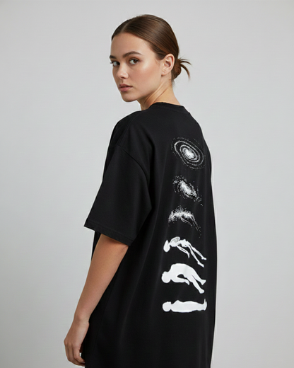 Cosmic Existence Graphic Black Oversized T-Shirt for Women | Abstract Art Streetwear Tee