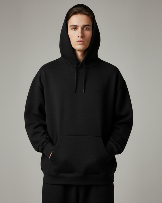 Solid Black Heavyweight Hoodie for Men | Plain Cotton Streetwear Hoodie India