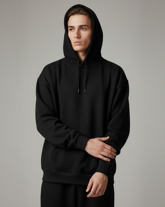 Solid Black Heavyweight Hoodie for Men | Plain Cotton Streetwear Hoodie India