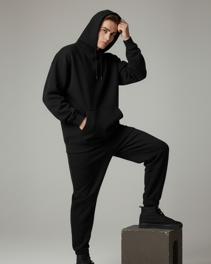 Solid Black Heavyweight Hoodie for Men | Plain Cotton Streetwear Hoodie India