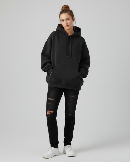 Solid Black Heavyweight Hoodie for Women | Plain Cotton Hoodie for Girls India