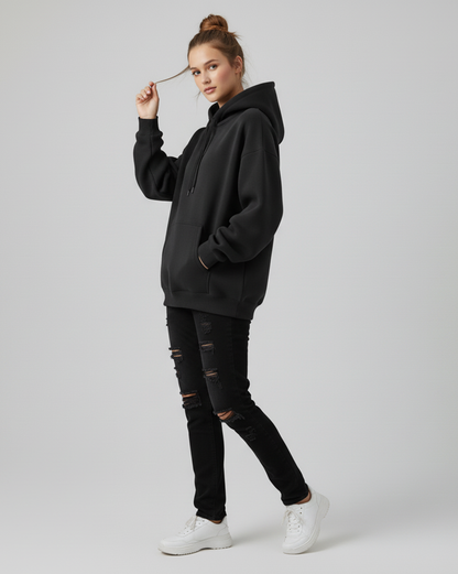 Solid Black Heavyweight Hoodie for Women | Plain Cotton Hoodie for Girls India