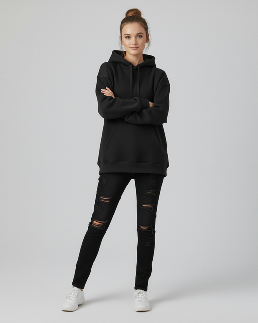 Solid Black Heavyweight Hoodie for Women | Plain Cotton Hoodie for Girls India