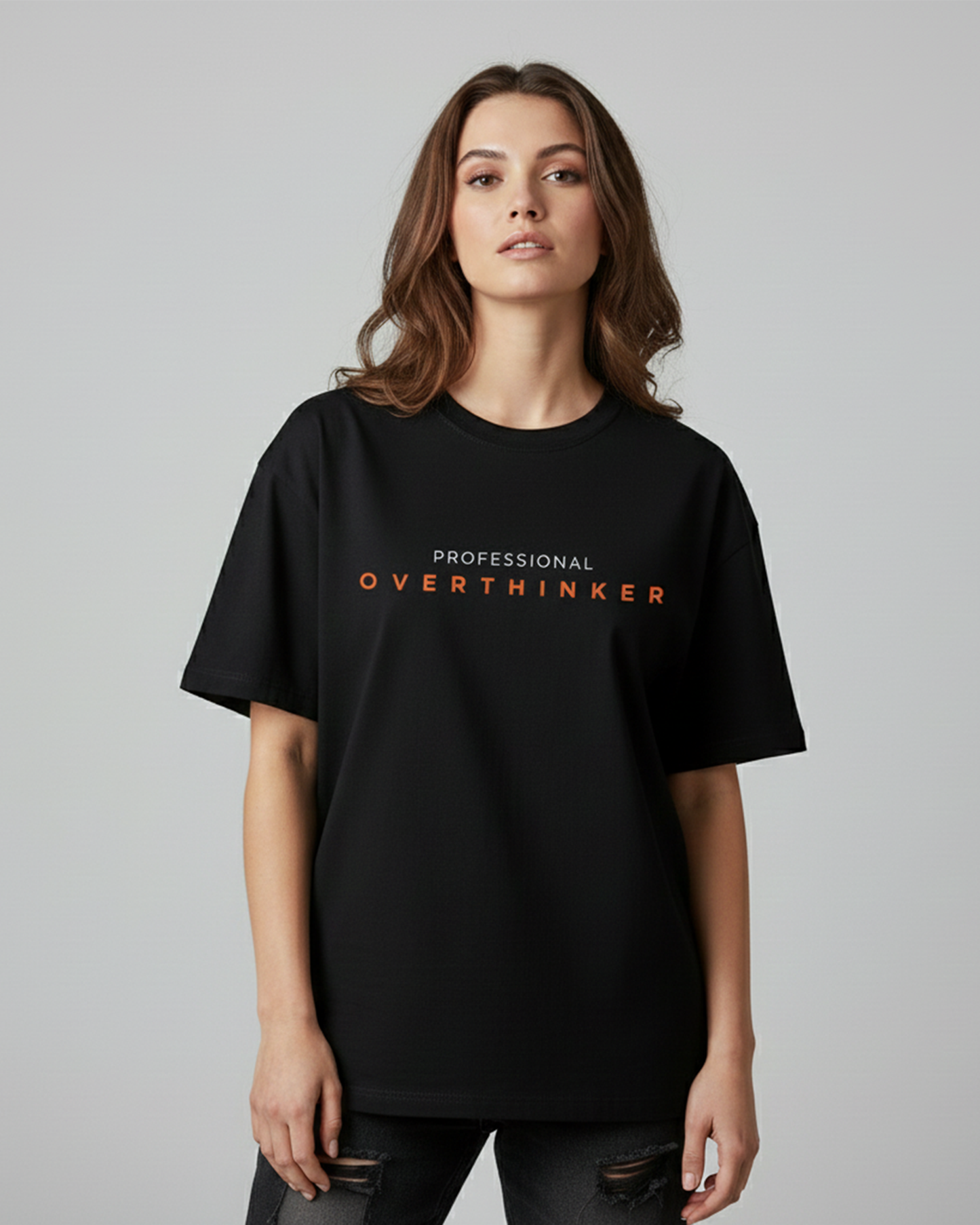 Professional Overthinker Black Oversized T-Shirt for Women & Girls - Funny Quote Tee