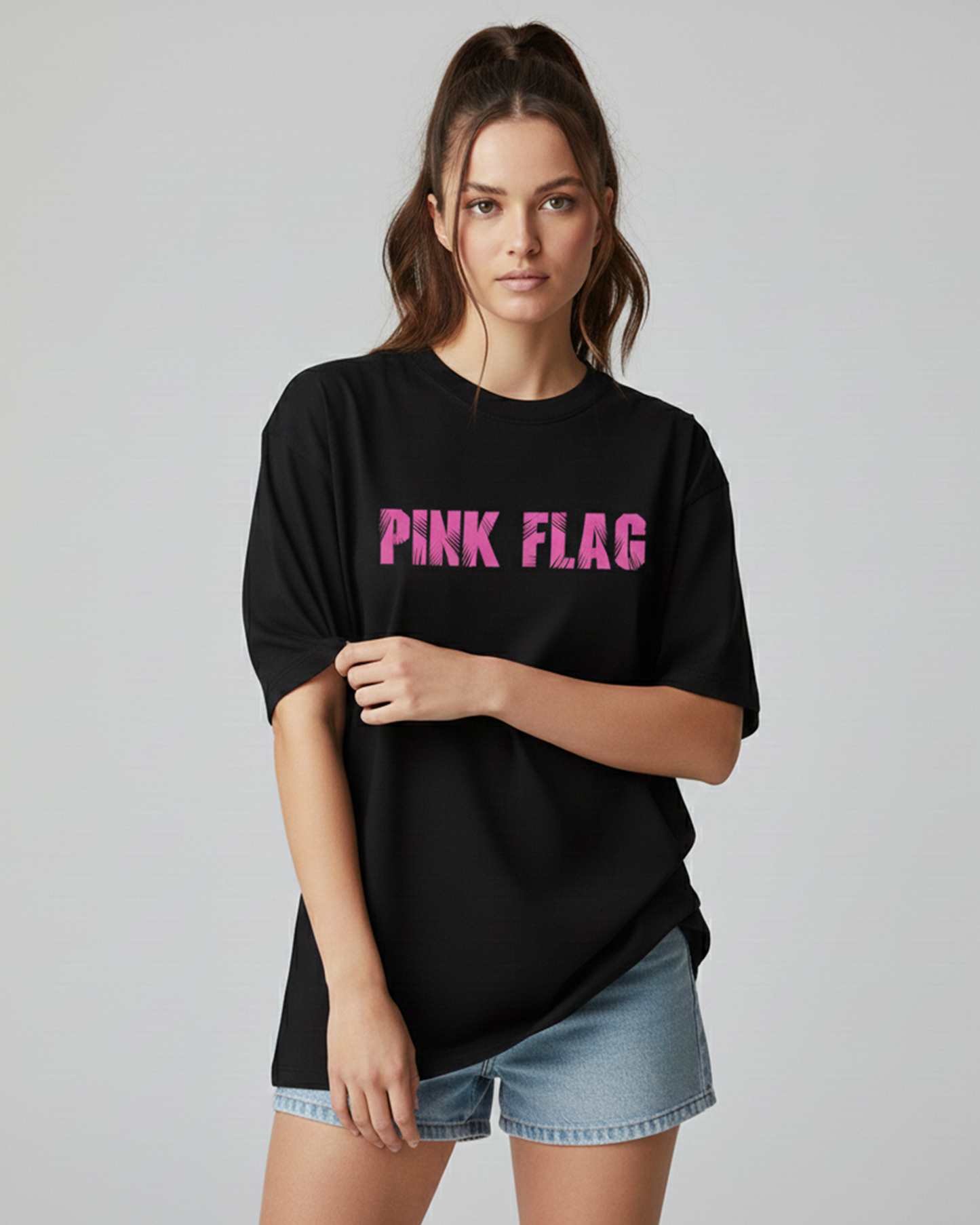 Pink Flag Black Oversized T-Shirt for Women & Girls - Trendy Drop Shoulder Baggy Fit 100 % Cotton Oversized T-shirt