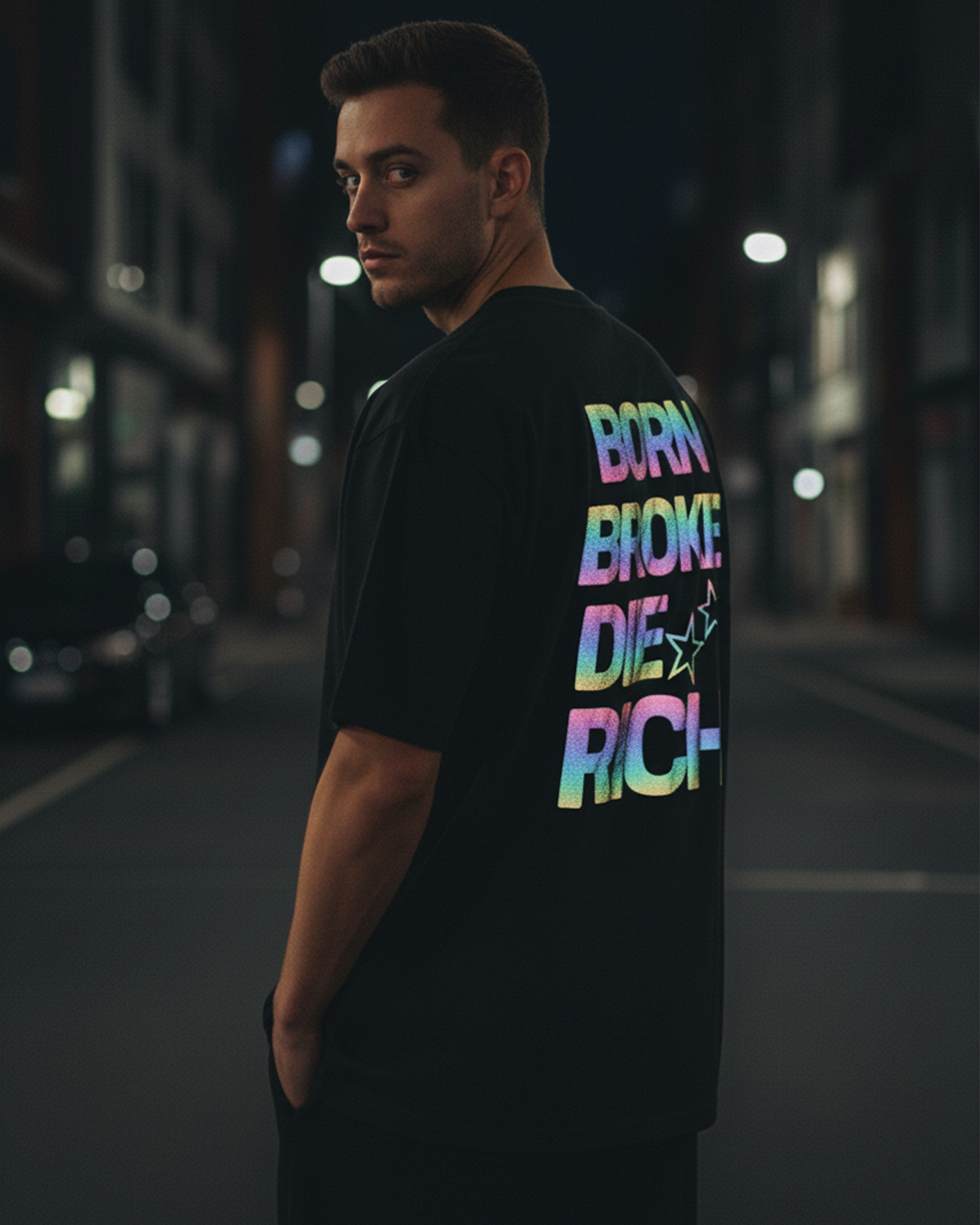 Die Rich Reflective Oversized T-Shirt for Men | Black Streetwear Cotton Tee