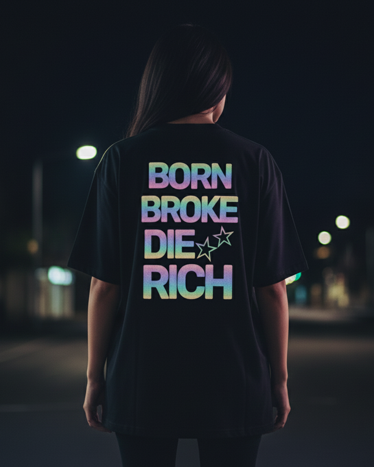 Die Rich Reflective Oversized T-Shirt for Women | Black Streetwear Cotton Tee