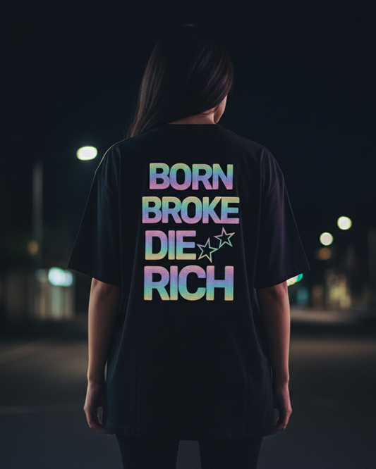 Die Rich Reflective Oversized T-Shirt for Women | Black Streetwear Cotton Tee