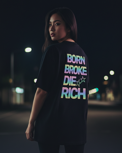 Die Rich Reflective Oversized T-Shirt for Women | Black Streetwear Cotton Tee