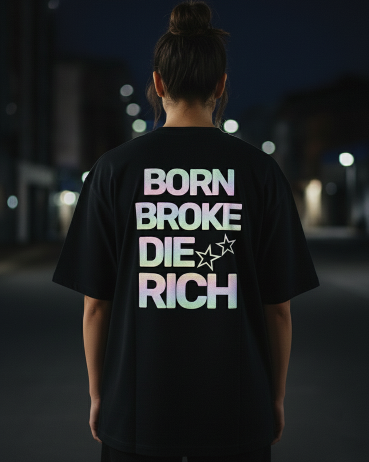 Die Rich Reflective Oversized T-Shirt for Women | Black Streetwear Cotton Tee
