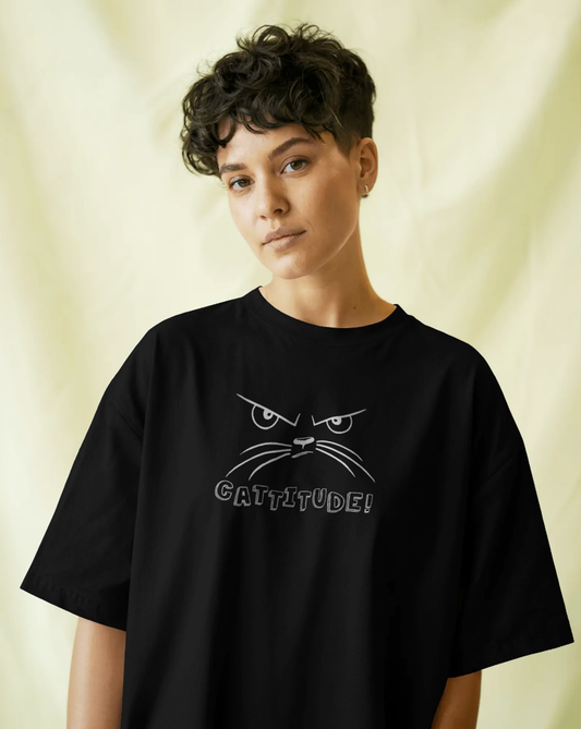 Catitude Cat Graphic Black Oversized T-Shirt for Women & Girls | Cat Print Oversized T-Shirt