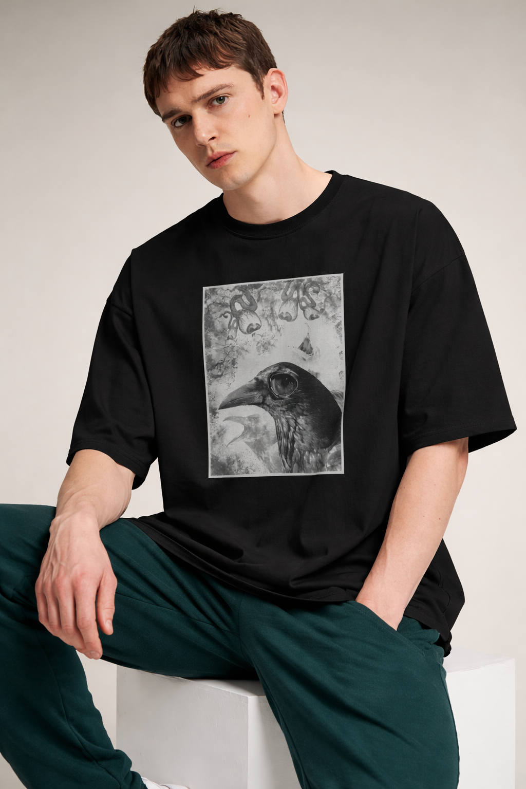 Watcher’s Curse – Black Oversized T-Shirt for Men & Boys Gothic Crow Graphic Tee Exclusive Artwork T-shirt