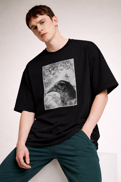 Watcher’s Curse – Black Oversized T-Shirt for Men & Boys Gothic Crow Graphic Tee Exclusive Artwork T-shirt