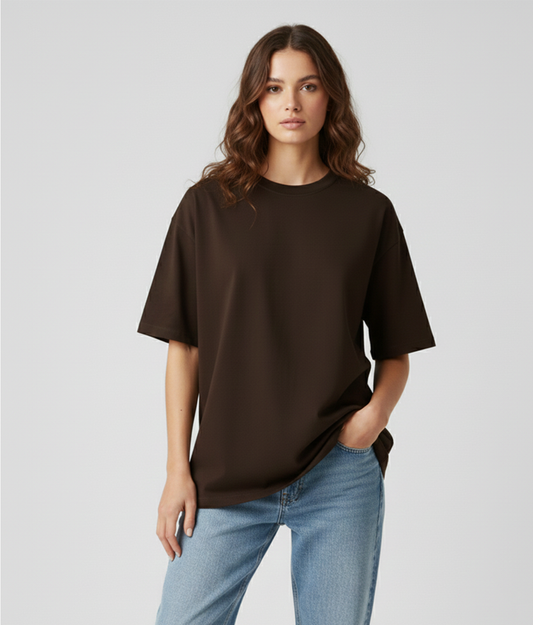Chocolate Brown Solid Oversized T-Shirt for Women | Premium Heavyweight Cotton | Boxy Fit Solid Tee