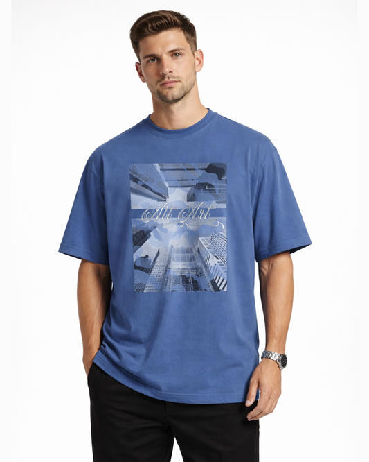 Cityscape Blue Oversized T Shirt for Men | Gothic Urban Graphic Printed Oversized T Shirt | Boxy Fit Premium Cotton Streetwear Tee