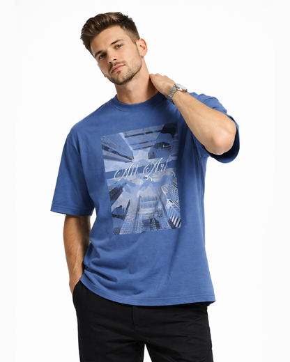 Cityscape Blue Oversized T Shirt for Men | Gothic Urban Graphic Printed Oversized T Shirt | Boxy Fit Premium Cotton Streetwear Tee