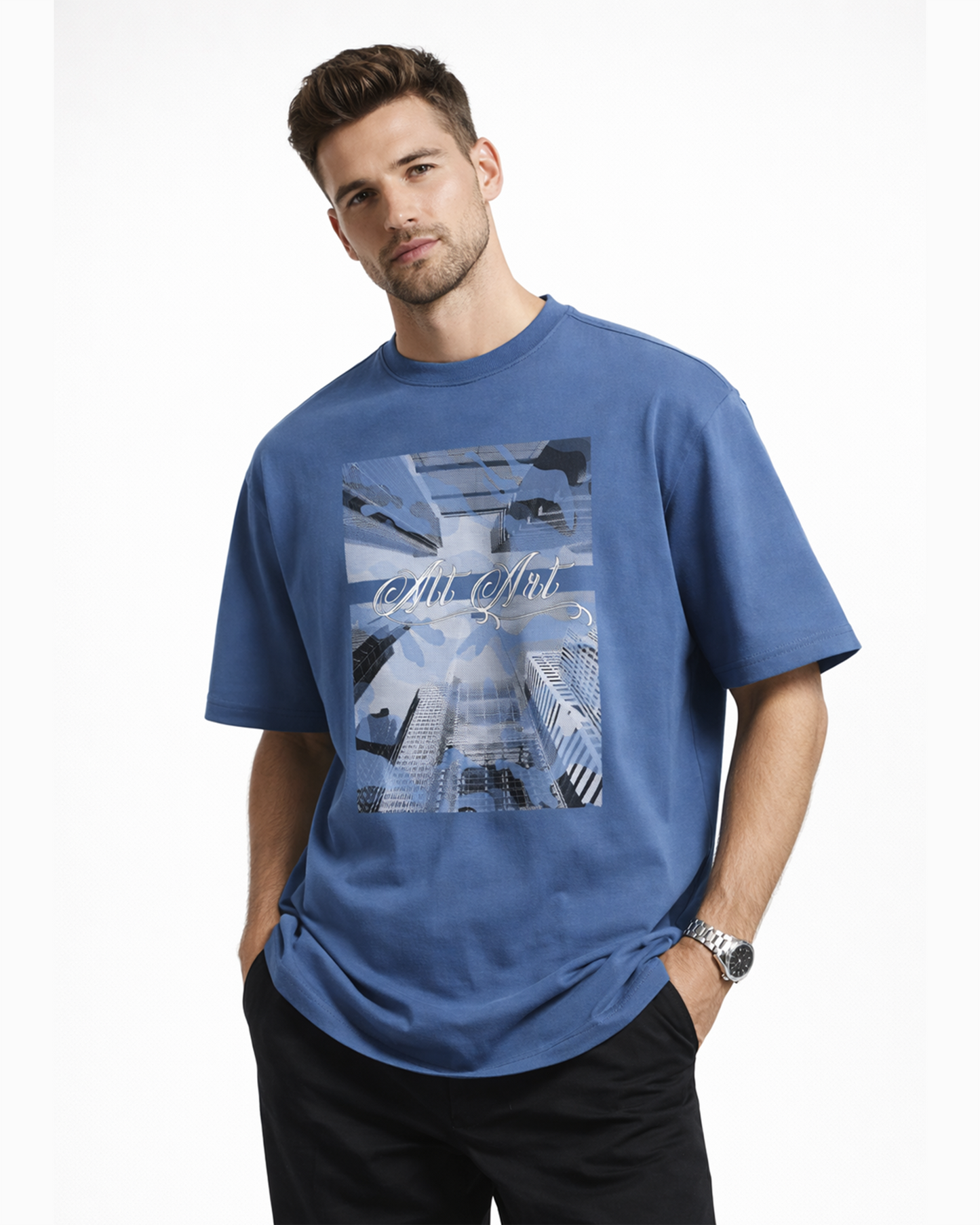 Cityscape Blue Oversized T Shirt for Men | Gothic Urban Graphic Printed Oversized T Shirt | Boxy Fit Premium Cotton Streetwear Tee