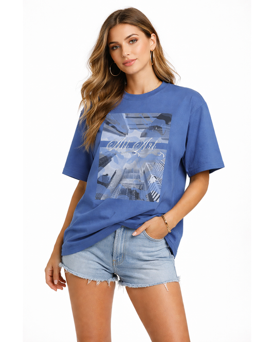 Cityscape Blue Oversized T Shirt for Women | Gothic Urban Graphic Printed Oversized T Shirt | Boxy Fit Premium Streetwear Tee