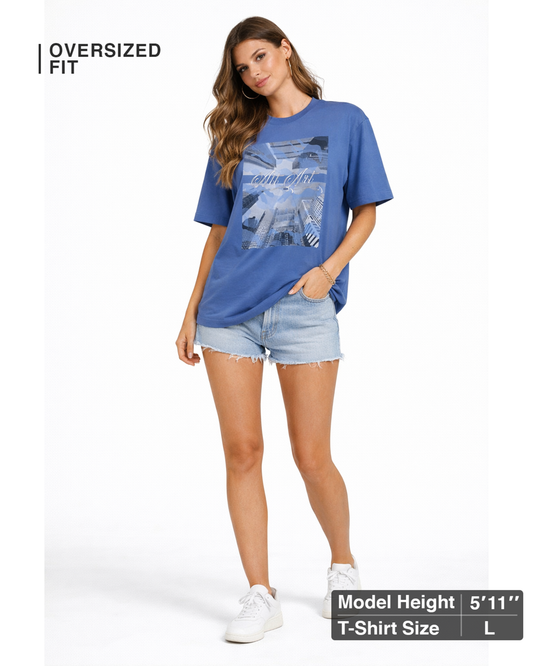Cityscape Blue Oversized T Shirt for Women | Gothic Urban Graphic Printed Oversized T Shirt | Boxy Fit Premium Streetwear Tee
