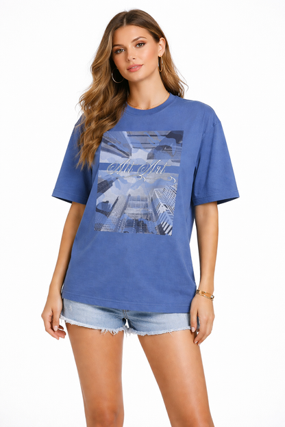 Cityscape Blue Oversized T Shirt for Women | Gothic Urban Graphic Printed Oversized T Shirt | Boxy Fit Premium Streetwear Tee