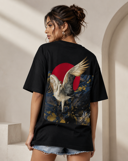 Alt Art Crimson Crane Oversized T Shirt for Women | Japanese Art Inspired Graphic Oversized T Shirt | Premium Boxy Fit Luxury Streetwear Tee