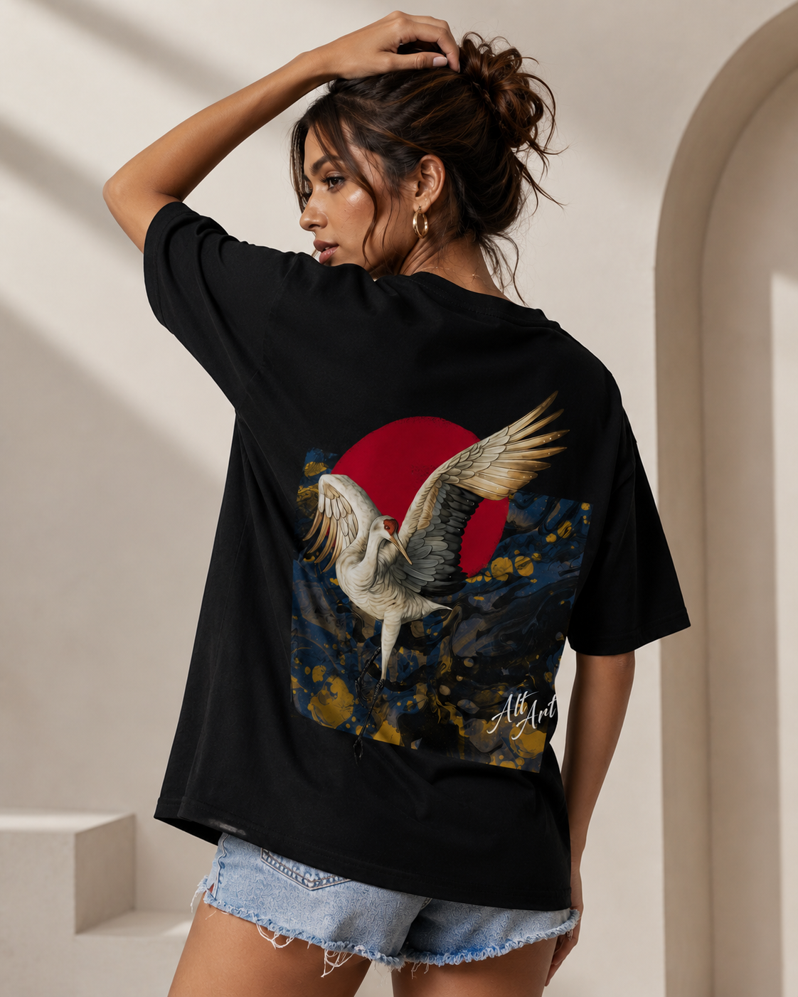 Alt Art Crimson Crane Oversized T Shirt for Women | Japanese Art Inspired Graphic Oversized T Shirt | Premium Boxy Fit Luxury Streetwear Tee