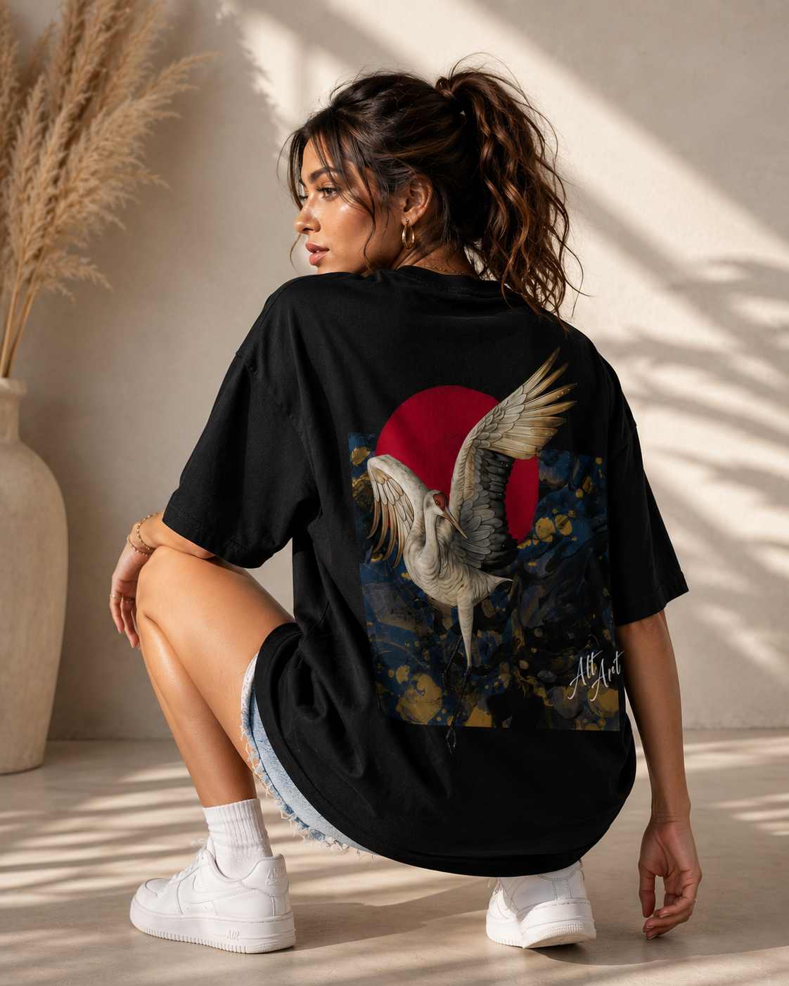 Alt Art Crimson Crane Oversized T Shirt for Women | Japanese Art Inspired Graphic Oversized T Shirt | Premium Boxy Fit Luxury Streetwear Tee