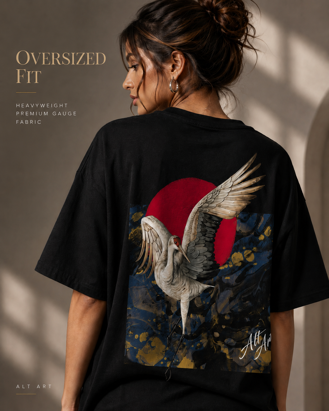Alt Art Crimson Crane Oversized T Shirt for Women | Japanese Art Inspired Graphic Oversized T Shirt | Premium Boxy Fit Luxury Streetwear Tee