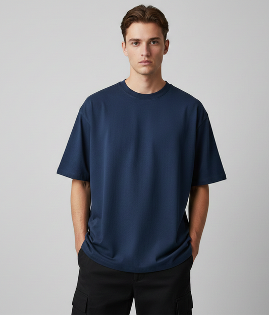 Dark Blue Solid Oversized T-Shirt for Men | Heavyweight Cotton | Premium Boxy Fit Solid Tee
