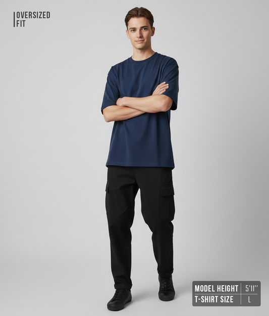 Dark Blue Solid Oversized T-Shirt for Men | Heavyweight Cotton | Premium Boxy Fit Solid Tee