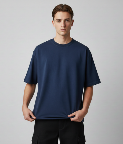 Dark Blue Solid Oversized T-Shirt for Men | Heavyweight Cotton | Premium Boxy Fit Solid Tee