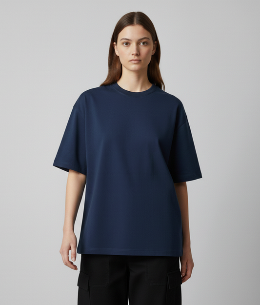 Dark Blue Solid Oversized T-Shirt for Women | Premium Heavyweight Cotton | Boxy Fit Solid Tee