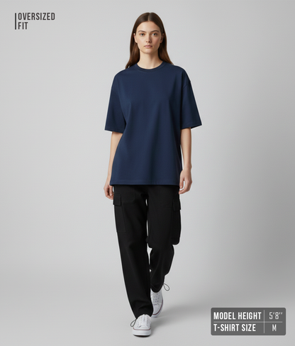 Dark Blue Solid Oversized T-Shirt for Women | Premium Heavyweight Cotton | Boxy Fit Solid Tee