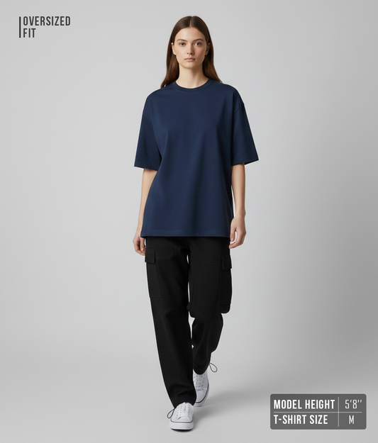 Dark Blue Solid Oversized T-Shirt for Women | Premium Heavyweight Cotton | Boxy Fit Solid Tee