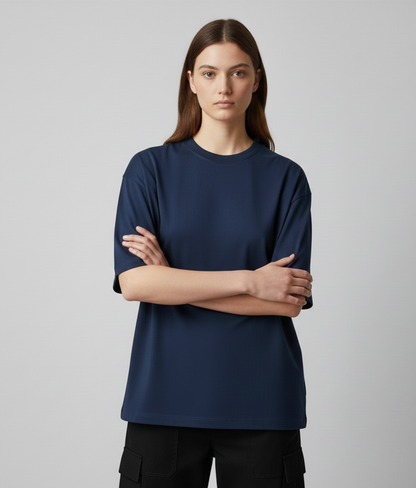 Dark Blue Solid Oversized T-Shirt for Women | Premium Heavyweight Cotton | Boxy Fit Solid Tee