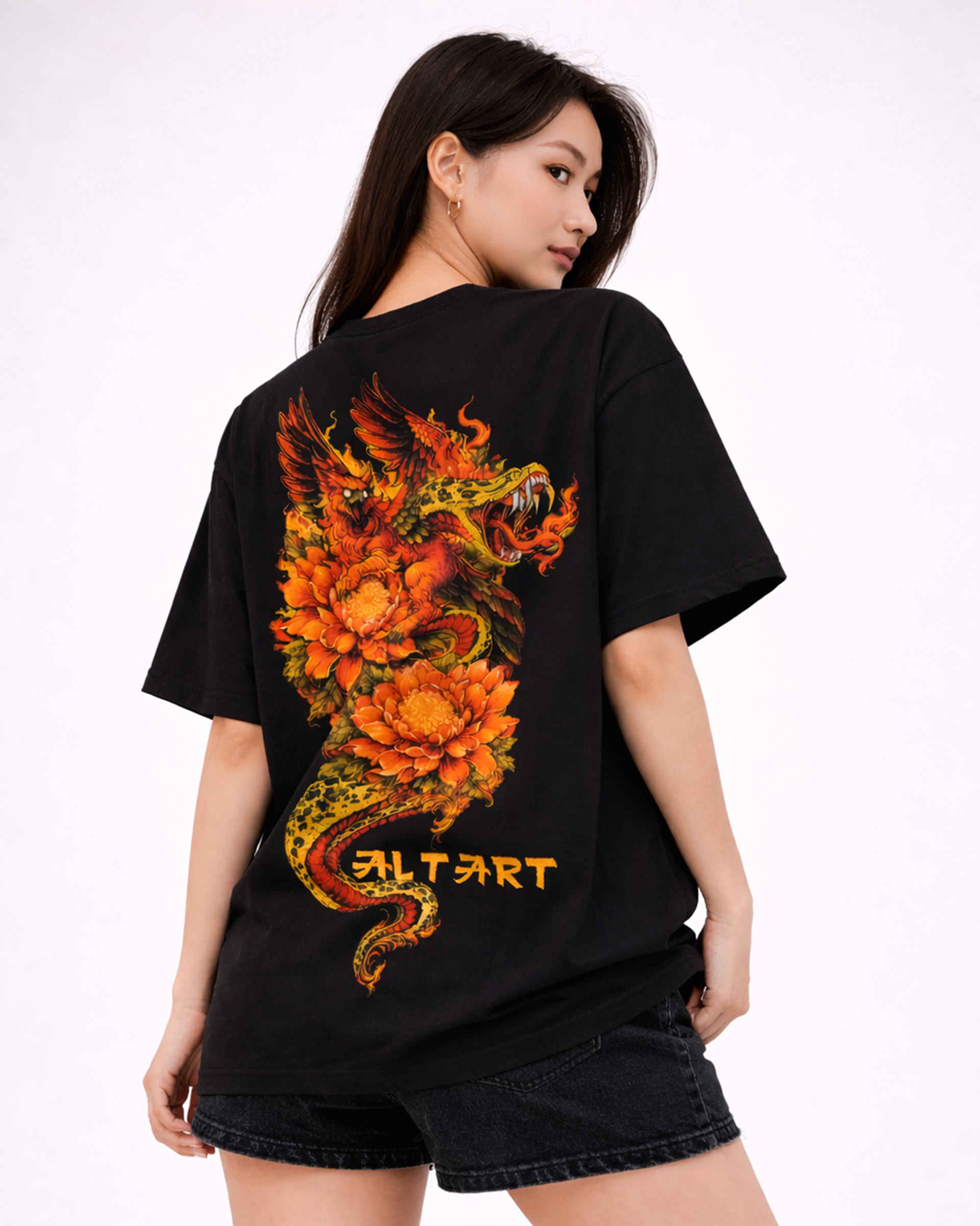 Dragon Phoenix Gothic Black Oversized T-Shirt for Women | Graphic