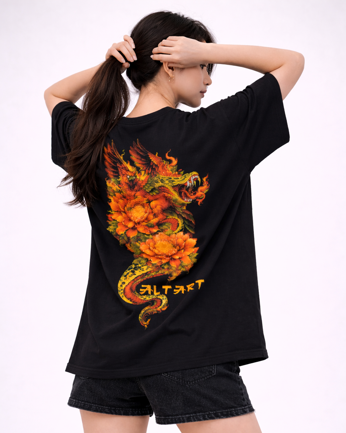 Dragon Phoenix Gothic Black Oversized T-Shirt for Women | Graphic Streetwear T-Shirt